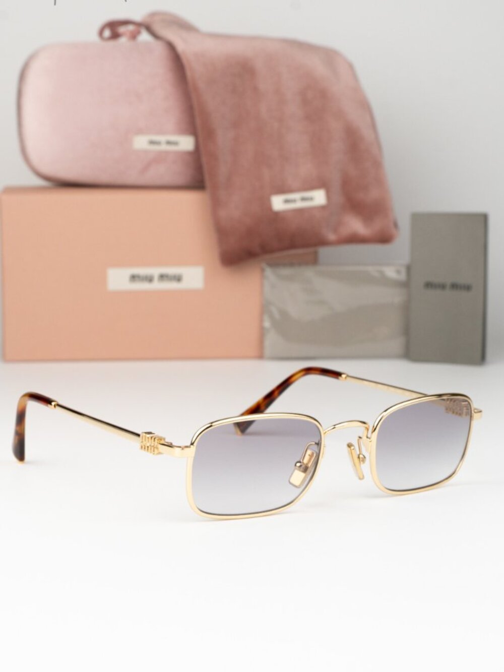 Miu Miu Women Sunglasses Gold Clear Gradient Grey Rectangle MUA53S 5AK04O NEW